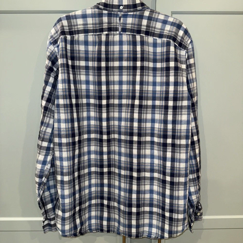 Banana Republic Shirt Men XL Tall Blue Cream Plaid Check Linen Blend Button Down